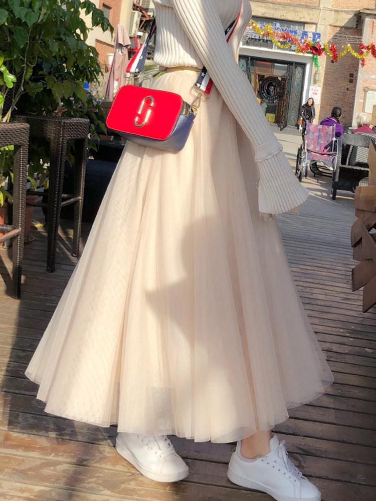 2022 spring and autumn new Korean version all-match mesh skirt mid-length tutu skirt women's skirt high waist skirt women's fashion