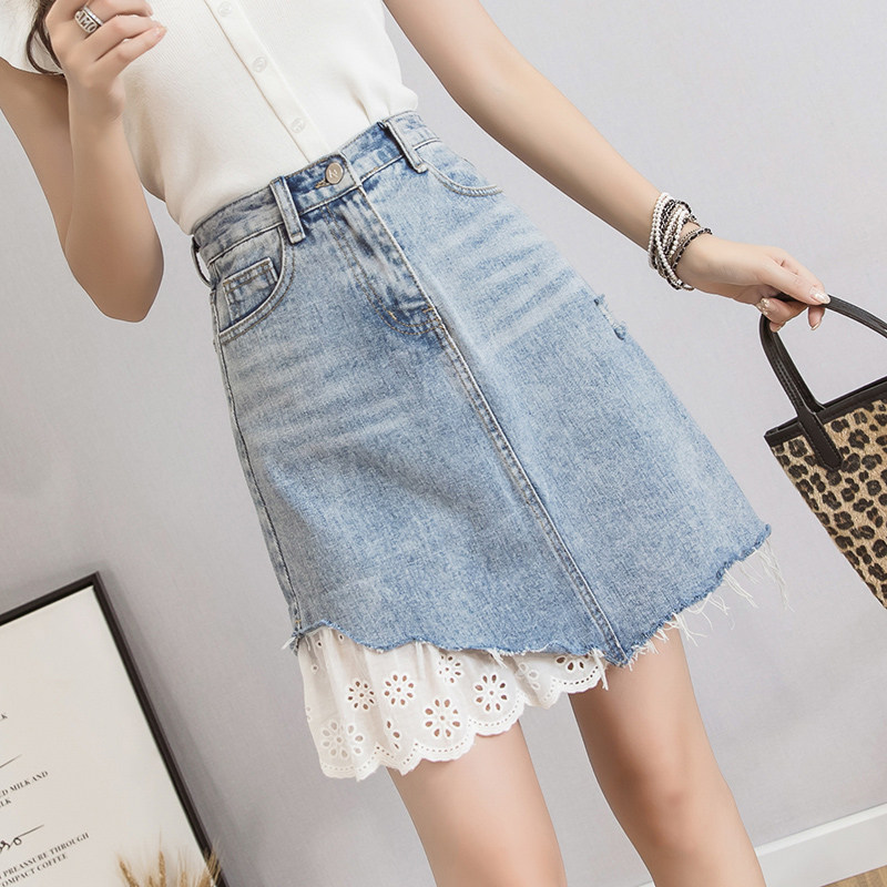 Short skirt women's summer stitching denim skirt a-line skirt suitable for thick hips and thighs skirt new high waist bag hip skirt