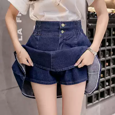 Spring and summer denim skirt women's 2021 new high-waist elastic waist trouser skirt A-line black tutu light-colored short skirt