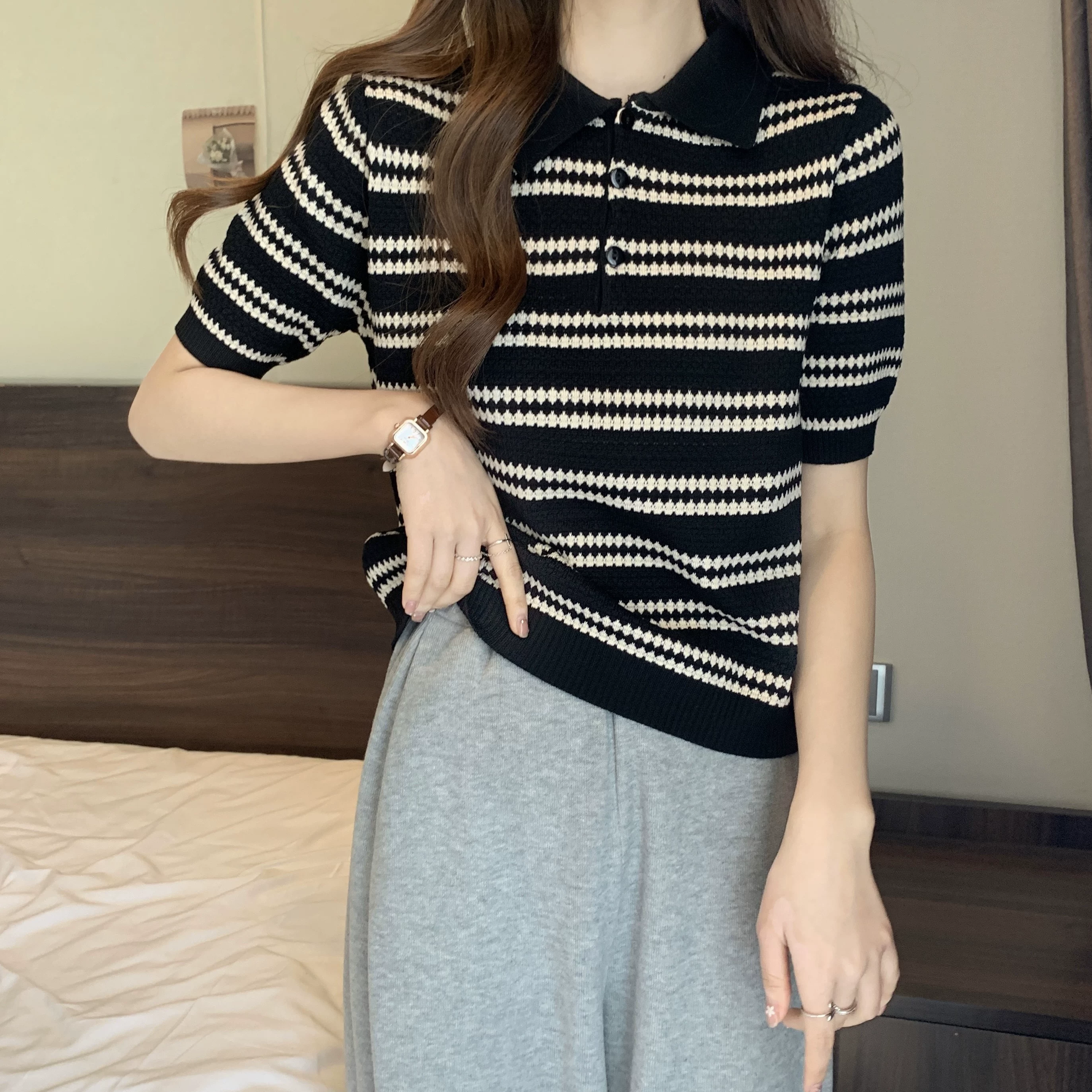 Шелковая тонкая дышащая футболка с short sleeve, вязаный свитер, стиль Chanel, свободный крой, высокий воротник