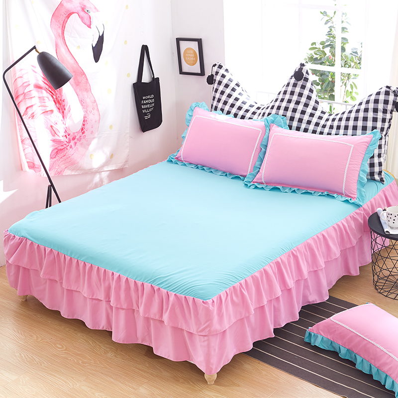 ins princess style polished plain color dress single piece macaron Pink Spring Lace sheet Simmons set bed cover