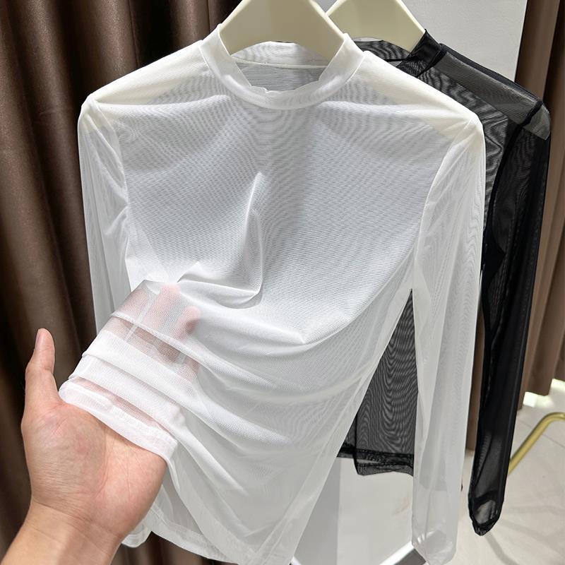 Mesh Base Layer Shirt for Women, Transparent and Sexy White Lace Top, Thin Summer Sun Protection Ice Silk Layered Gauze Shirt