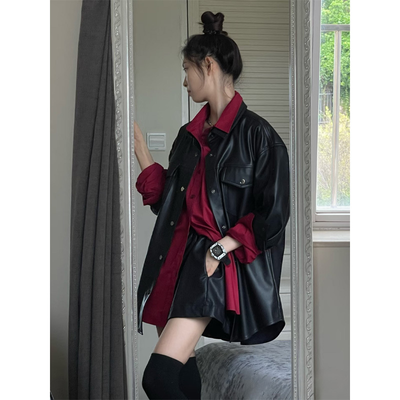 New Autumn and Winter American-Style Black Motorcycle Jacket Pu Leather Jacket Simple Burgundy Shirt Suit Two-Piece Set