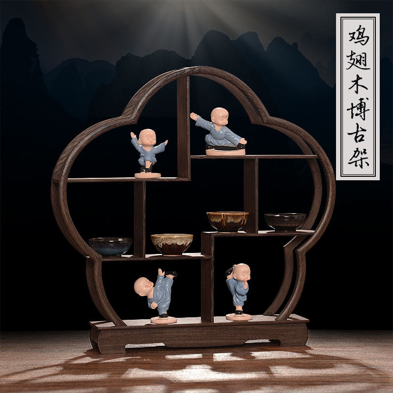 Teapot Tea Set Shelf Small Bou Rack Solid Wood Chinese Style Pendulum with Purple Sand Clay Pot show Chicken Wings Wooded Dorpaku