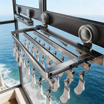 Suction Cup Sock Drying Rack, Foldable Multi-Clip Clothes Hanger for Balcony, Multifunctional Underwear and Sock Drying Tool