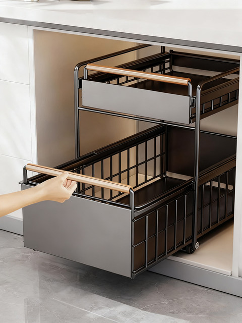 Kitchen cabinet pull basket sink storage rack multi-functional double-layer bowl and dish seasoning storage pull-pull layered shelf
