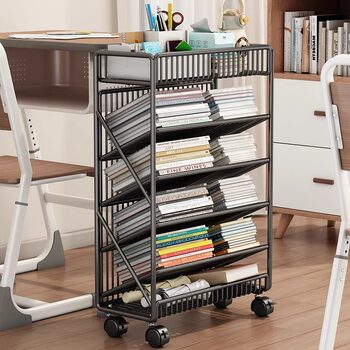 Movable Bookshelf, Desk-Side Floor-Standing Storage Rack, Desk-Side Storage Rack for Primary School Students to Study Books, Wheeled Storage Rack, Book Stand