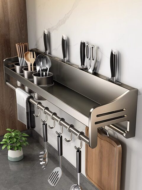Kitchen Storage Rack Stainless Steel No-Drill Household Wall-Mounted Seasoning Chopsticks Knife Holder Supplies Organizer