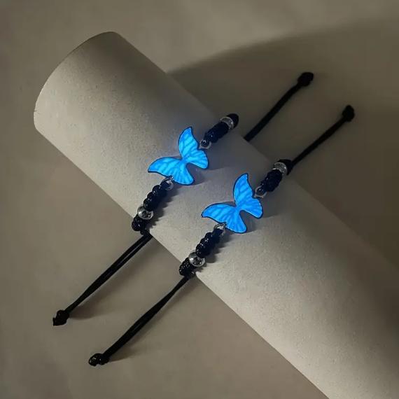 Glow-In-The-Dark Butterfly Couple Bracelets, Simple Hand-Woven Adjustable Bracelets for Best Friends, Valentine's Day Gift Glow-In-The-Dark Butterfly Couple Bracelets, Simple Hand-Woven Adjustable Bracelets for Best Friends, Valentine's Day Gift