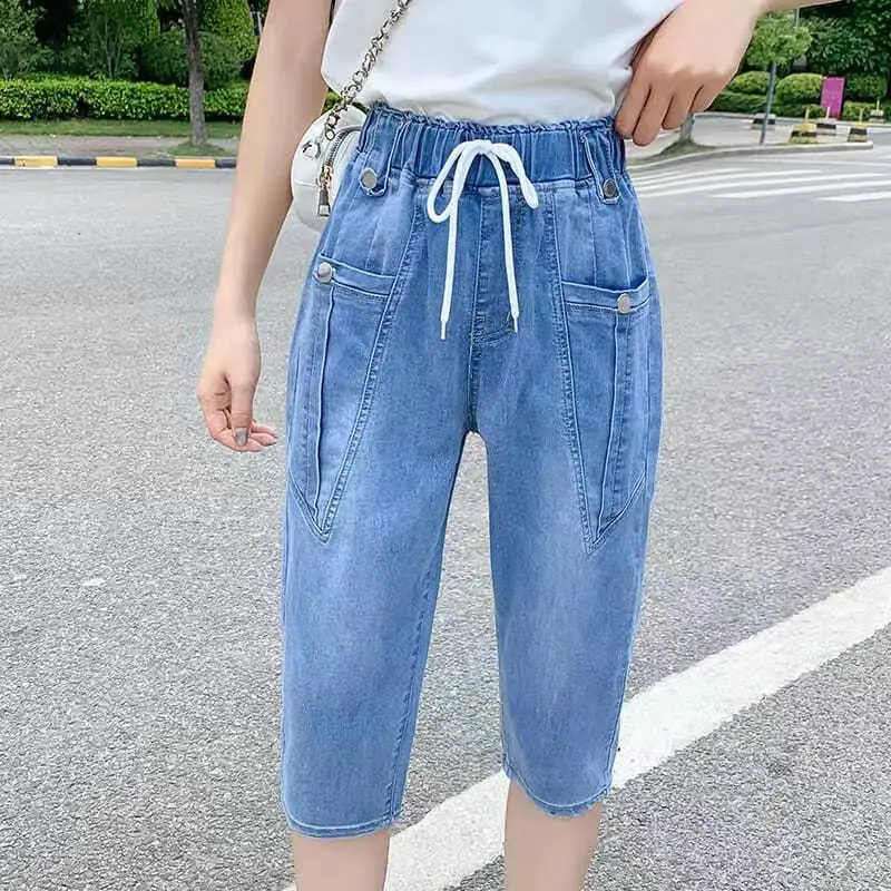 Harlan Six-Point Denim Pants for Women, 2026 Summer New Korean Style, Loose Thin Elastic High-Waisted 7-Point Carrot Pants