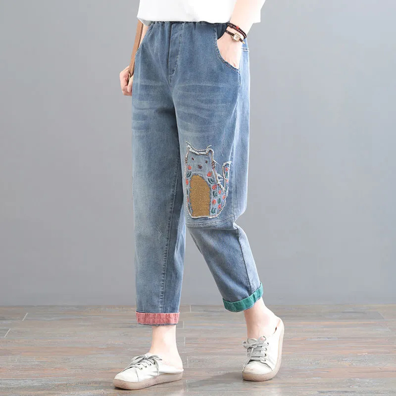 Elastic Nine-Point Harem Jeans for Women, New Spring and Summer Korean Style, Loose Fit, Plus Size, Cartoon Embroidery Patchwork Dad Pants