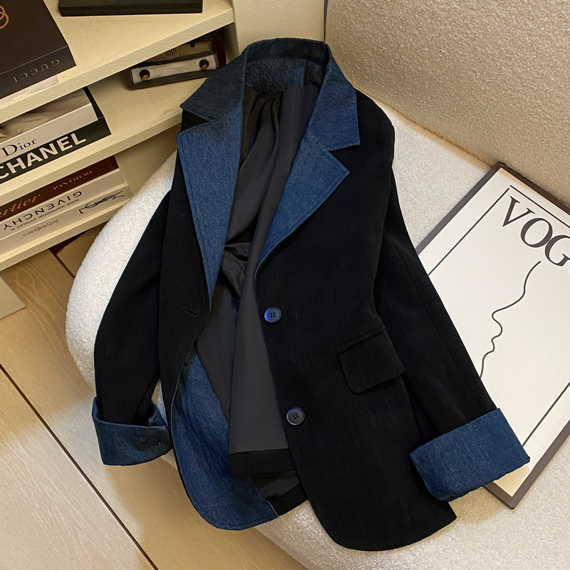 Black Corduroy Blazer for Women 2026 Autumn New Denim Color-Blocking Retro Slimming Workwear Style Suit