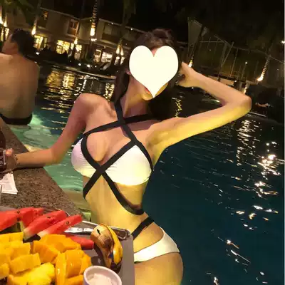 HChen Korean sexy beach baby hollow X cross deep V low chest hanging neck backless bikini swimsuit
