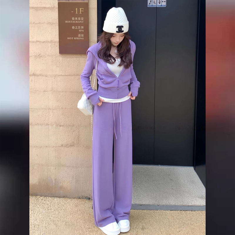 Purple Age-Reducing Casual Sports Suit for Women, Spring European Style, Short Waist-Cinching Slimming Sweatshirt and Wide-Leg Pants Two-Piece Set