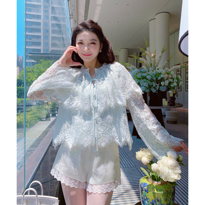 Missluxury【Mint Soft Gauze】Heavy French Lace Shirt Top for Women, Summer Hollow-Out Light Luxury Style