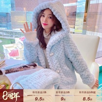 Miss Luxury soft girl blue hooded honeycomb grid design short Rex rabbit fur jacket women