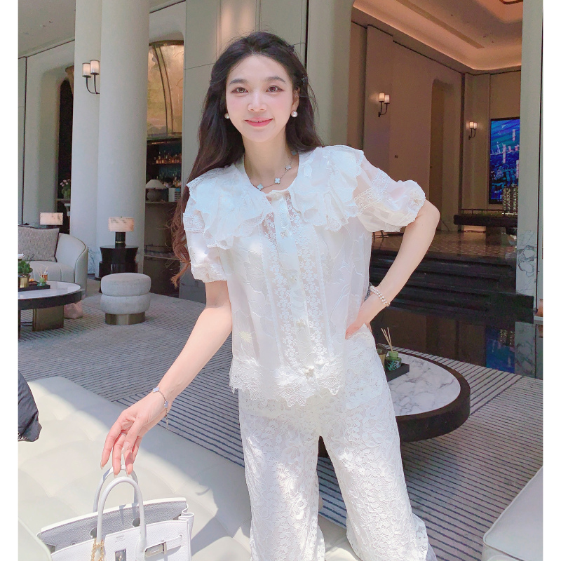 Missluxury【Chloe Girl】100% Silk Short-Sleeved White Doll Collar Girly Shirt for Summer