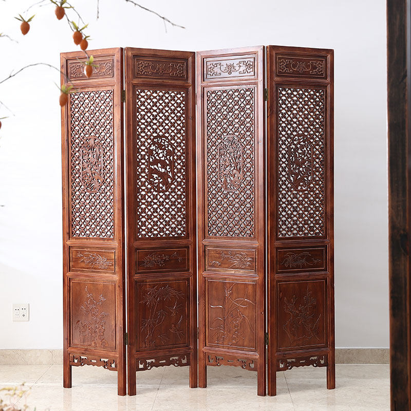 Imitation ancient wood carvings Chinese real costustoot Zhangmu flower bird engraving Hotel Living room Furnishing Flower Lattice Screen Folding Screen