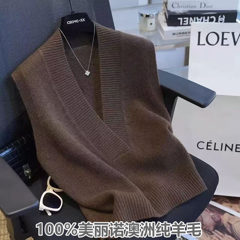 Autumn and Winter Clothing 100% Pure Wool Vest for Women, Low V-Neck Sweater, Sleeveless Vest, Knitted Base Layer, Layered Vest