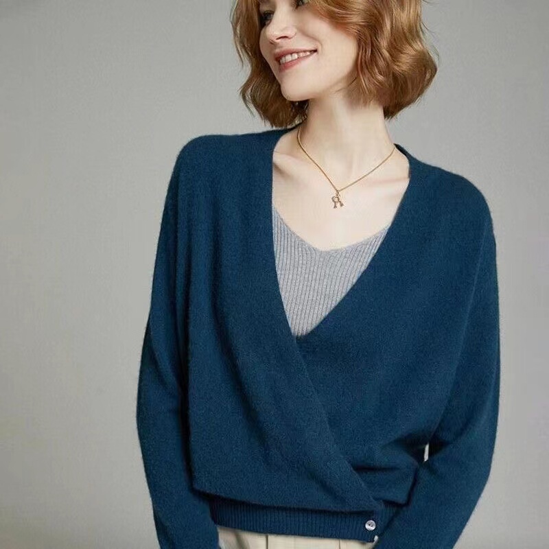 French Design, Two Ways to Wear, Paper-Thin, 100% Pure Wool Sweater for Women, Cross V-Neck Cardigan, Cashmere Sweater