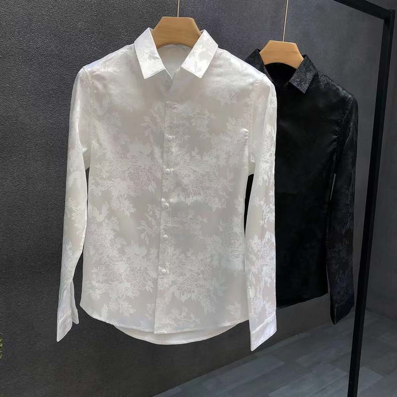 Trendy White Shirt with Dark Floral Pattern for Men, Nightclub Hairdresser Style, Korean Version, Slim Fit, Long-Sleeved Shirt for Young Men, Cool and Stylish