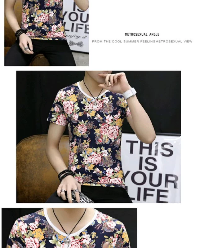 Mùa hè mới băng nhung nam cổ chữ V tay ngắn hoa T-shirt tạo mẫu tóc hoa hồng áo phông nam hàng hiệu