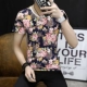 Mùa hè mới băng nhung nam cổ chữ V tay ngắn hoa T-shirt tạo mẫu tóc hoa hồng áo phông nam hàng hiệu