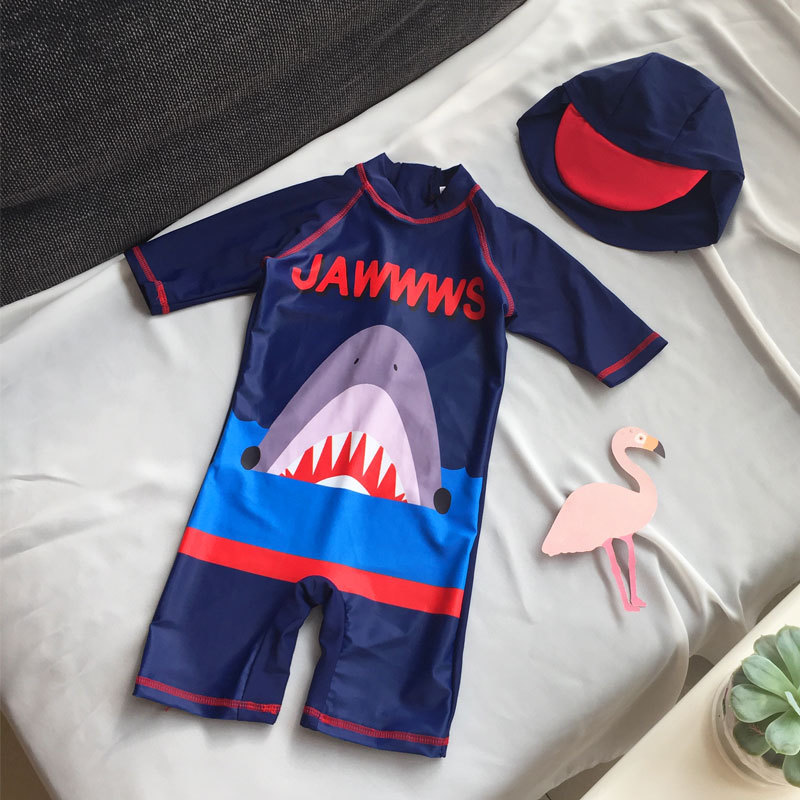 Children Connected Shark Swimsuit Male Girl Cute Cartoon Baby Student Mid-Child Long Sleeve Sunscreen Swimsuit