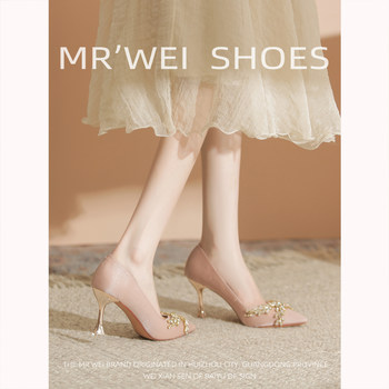 Mr. Wei Korean Style Elegant High Heels for Women, Fairy Style Versatile Rhinestone Party Shoes, Stiletto Pointed Toe Single Shoes for Women