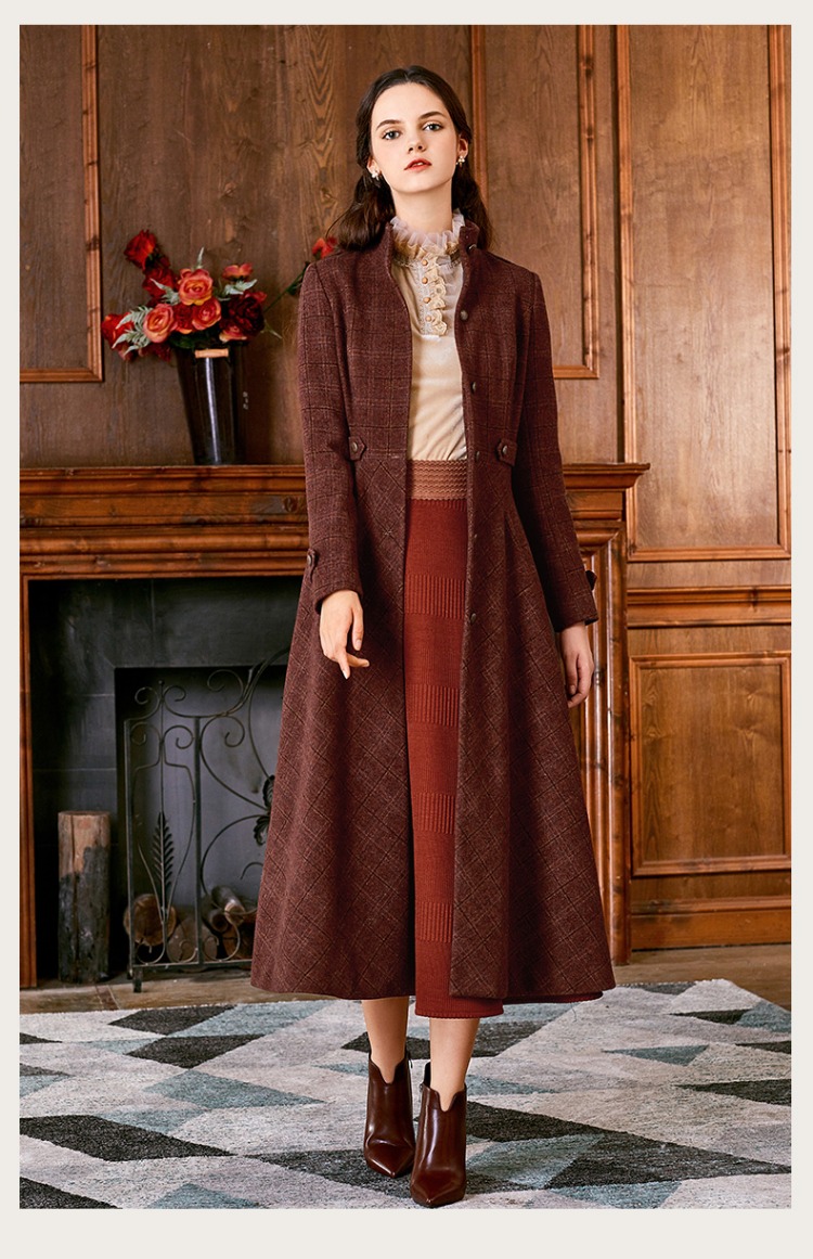 Quỳ Karenina 2018 mùa đông mới retro kẻ sọc kẻ cổ áo khoác cổ áo khoác mỏng - Accentuated eo áo mẫu áo dạ ngắn đẹp