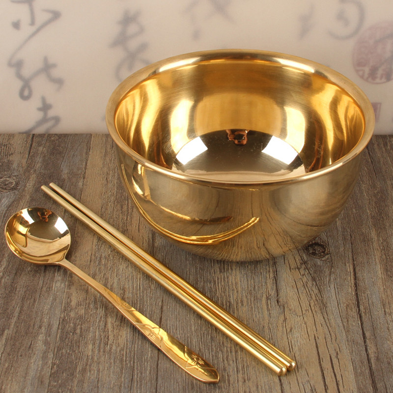 Copper bowl chopsticks spoon set pure copper tableware children's household rice bowl Korean pure handmade adult brass bowl single layer thickened