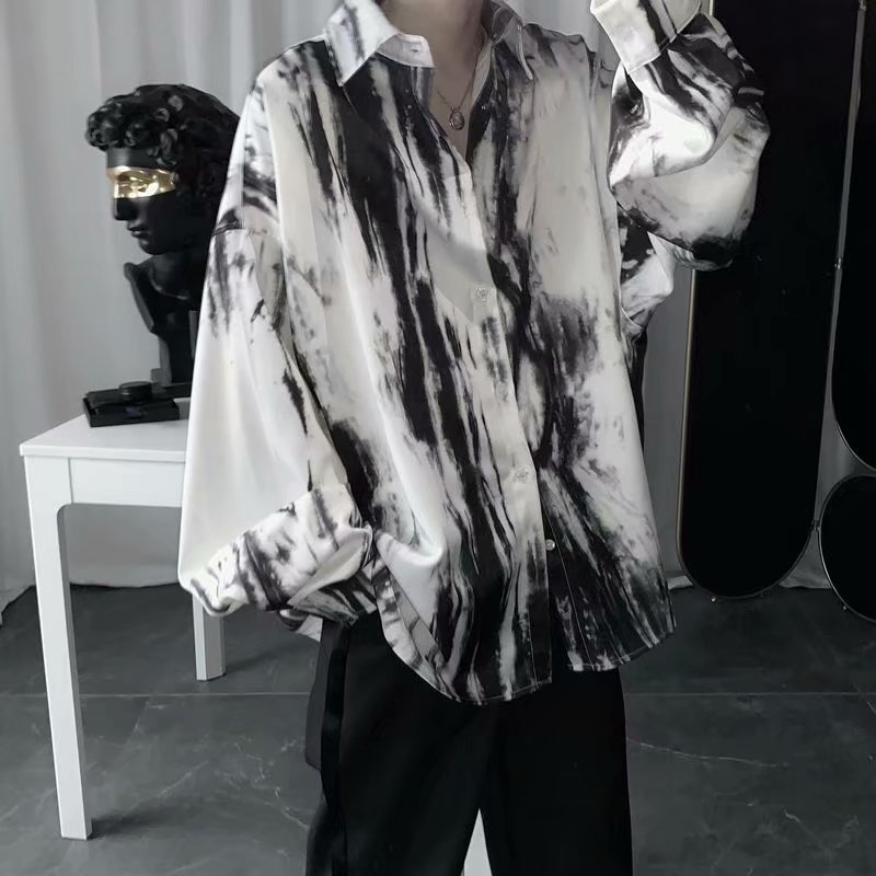 Ruffian handsome high-end sense of shirt men's light luxury sense of net red tide Korean version loose thin section ink tie-dyed long-sleeved shirt