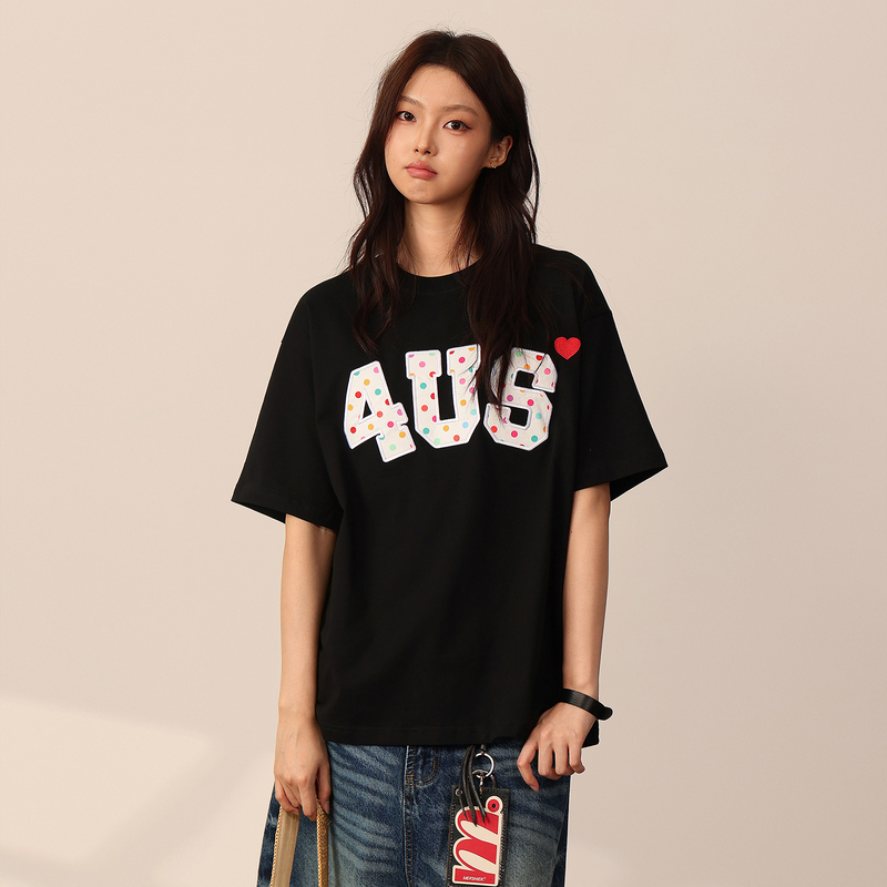 Foruyes Official Store Spring and Summer Colorful Heart Polka Dot Patch Embroidery Couple Style Loose Top Short-Sleeved T-Shirt