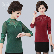 Middle-aged womens autumn long-sleeved T-shirt top Mothers dress Western style lace base shirt Large size casual semi-turtleneck shirt