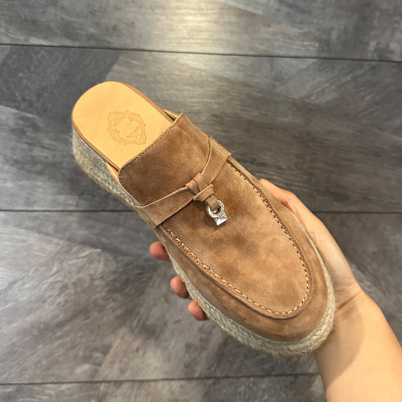 European Genuine Leather Retro Height-Increasing Thick-Soled Closed-Toe Slippers, Sheepskin Suede, Jute Rope, Straw High-Heeled Outdoor Fisherman Sandals
