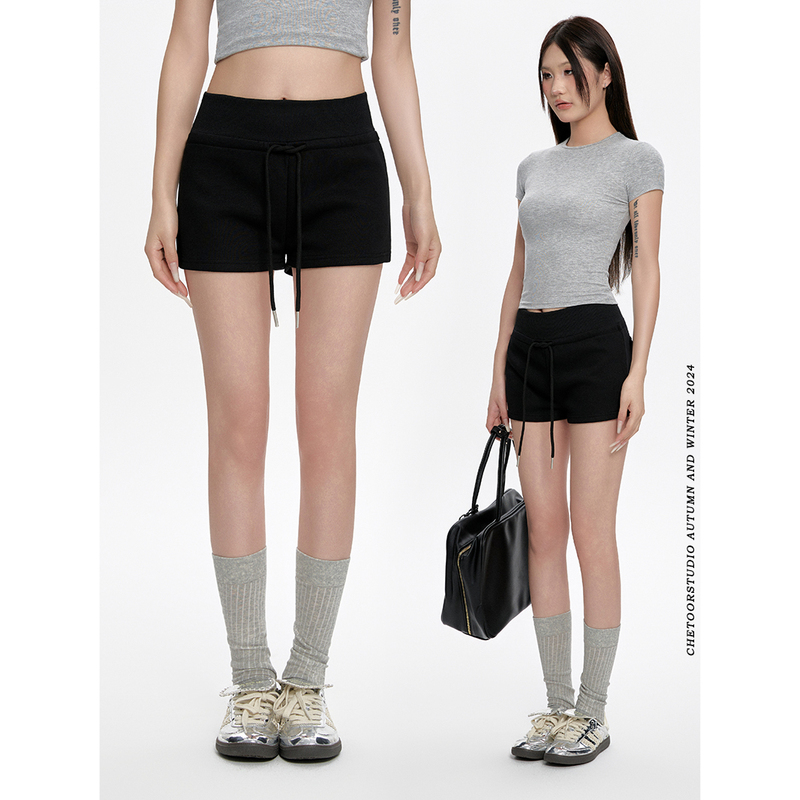 Black Casual Shorts for Women, Summer 2025 New High-Waisted Drawstring Home Sweatpants, Sweet and Cool Spicy Girl Sports Hot Pants