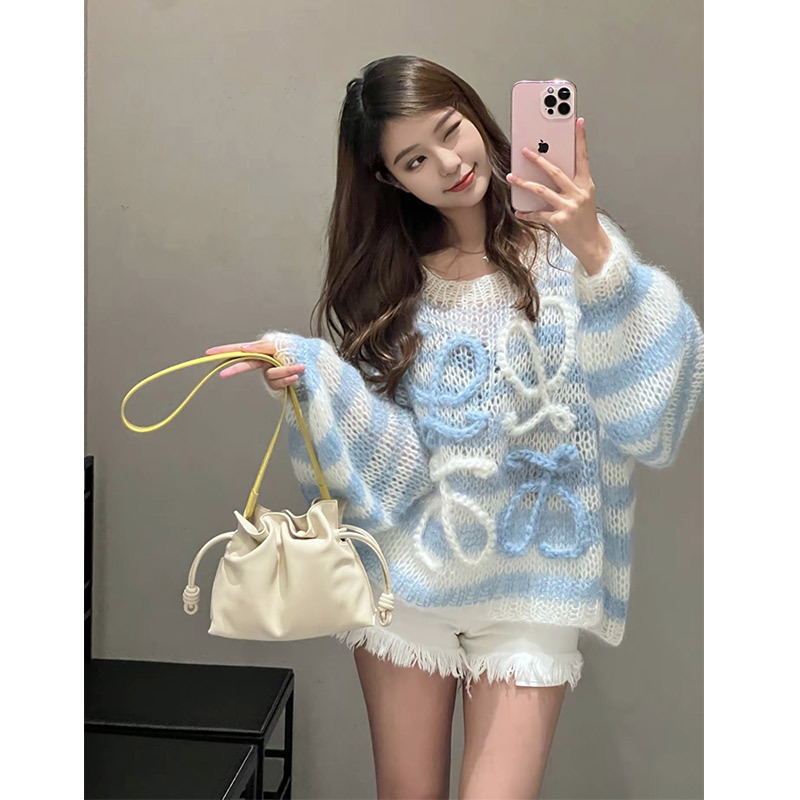 Yang Mi Style Lazy Loose-Fitting Color-Block Striped Knit Sweater for Women, Sweet Korean Style Hollow-Out Sweater Top for Spring and Autumn