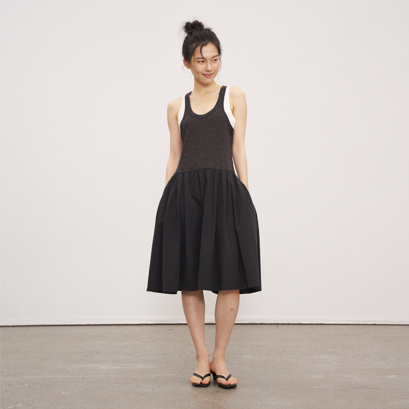 Wonesduty Fake Two-Piece Sleeveless Tank Top Dress Summer Breathable Casual Black and White Long Dress