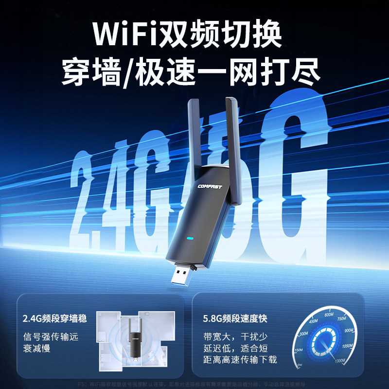 Comfast Wireless Network Card Desktop Computer Wifi Receiver 5g Dual-Band Driver-Free Plug and Play 1300m Gigabit High-Speed USB Desktop Wireless Wifi Network Signal Transmitter