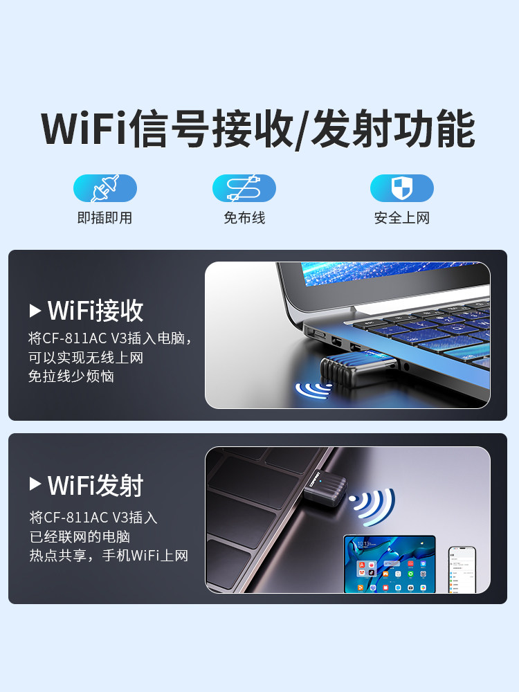 Comfast Wireless Network Card Desktop Wifi Receiver Driver-Free Dual-Band High-Speed USB Wireless Network Card Home Desktop Computer Notebook Portable Wireless Signal Transmitter Cf-811Acv3