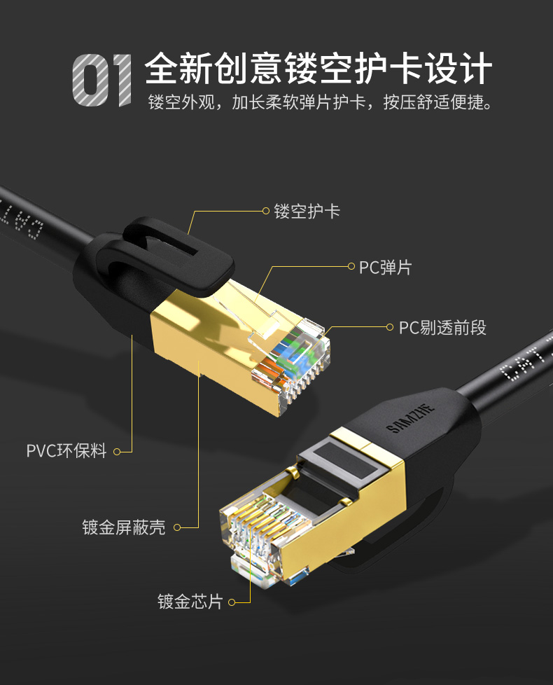 山泽七类网线家用高速千万兆无氧铜电脑网络宽带cat7类屏蔽5 10米