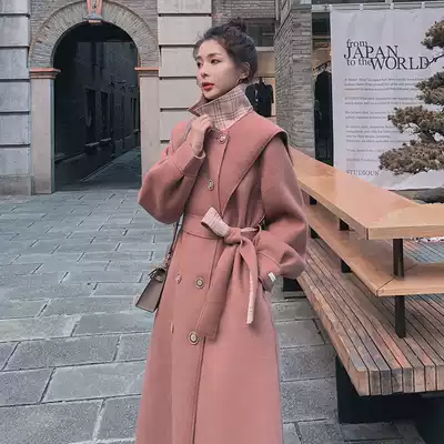 Sandro Tonali navy woolen coat women's autumn and winter Hepburn style medium and long version of knee jacket