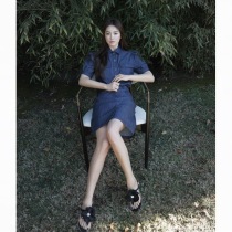 sandro tonali Star Song Hye Kyo with blue denim shirt lapel dress split skirt tide