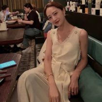 sandro tonali sleeveless dress female French retro V-collar temperament goddess Fan Xianthin lace-up long skirt summer