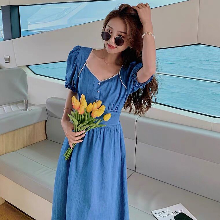 sandro tonali 2021 French style retro temperament small crowdtea hysteria Blister Balloon Flower denim Cowboy Dress