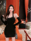 Hot girl sexy tight-fitting one-shoulder hanging neck tube top belt buckle bag hip dress with leather sleeves short skirt Q1061