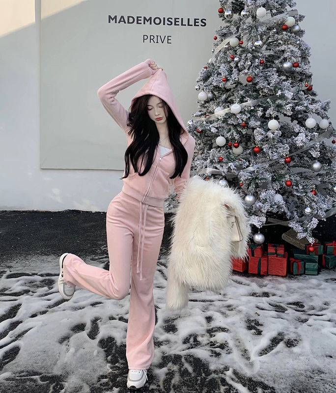 Ready Stock Casual Sports Suit for Women, Autumn and Winter Velvet Hooded Sweatshirt Jacket, Women's Long Pants, Velvet Two-Piece Set 3023