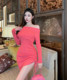 Sexy one-word collar strapless knitted dress 2022 autumn and winter pure desire drawstring sexy slim bag hip skirt Q1044