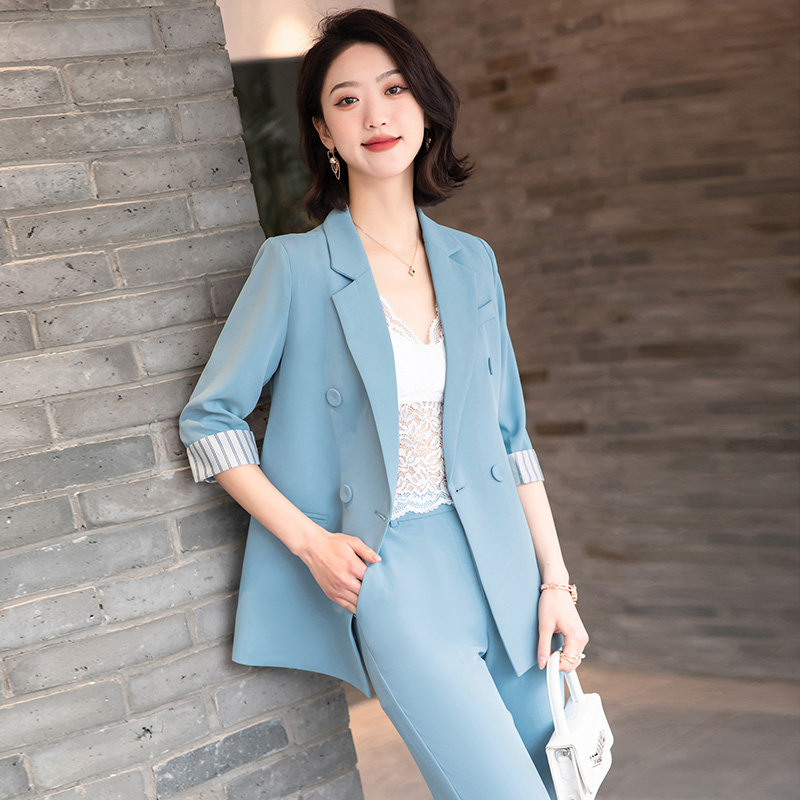 Blue suit jacket women's summer thin three-quarter sleeves loose temperament net red fried street casual small suit summer