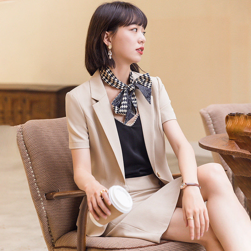 High-end professional suit suit women's summer thin section high-quality slim temperament overalls short-sleeved apricot suit